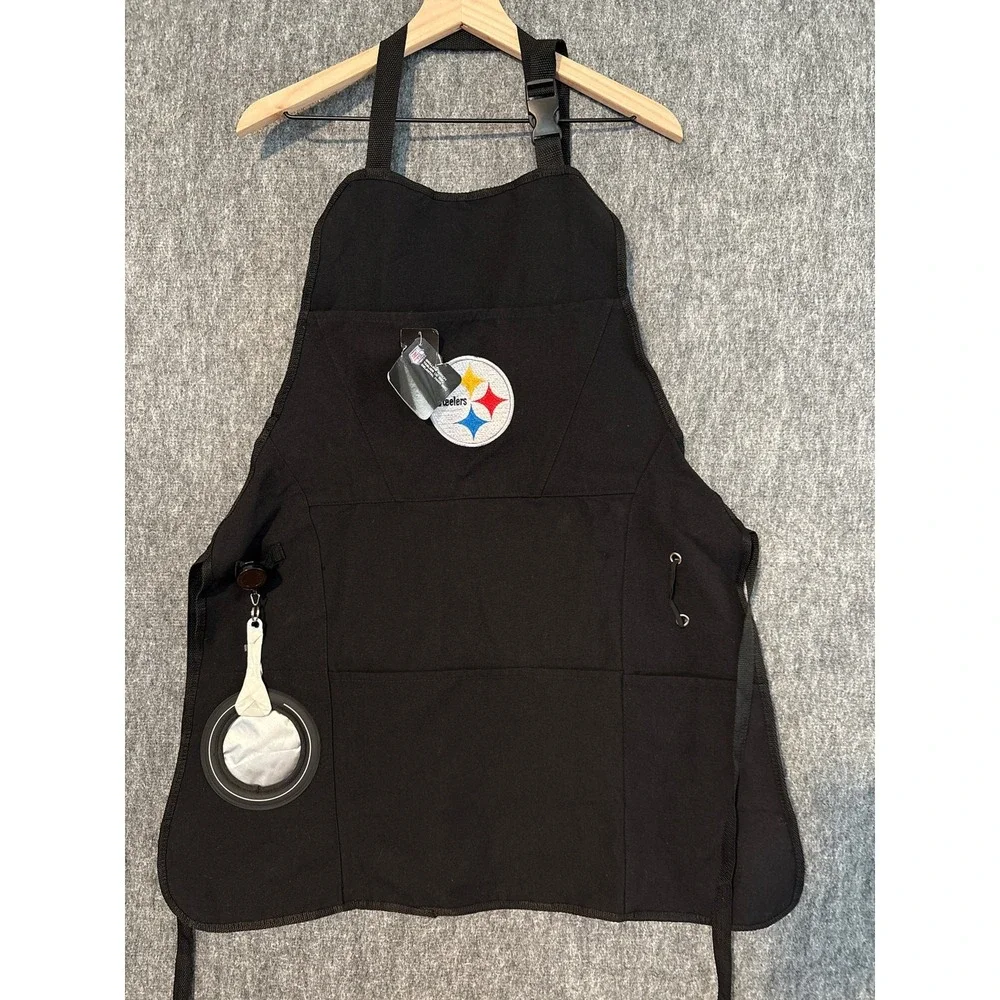 NFL Pittsburgh Steelers Grilling Apron Black BBQ Canvas Bottle Opener Cup Holder